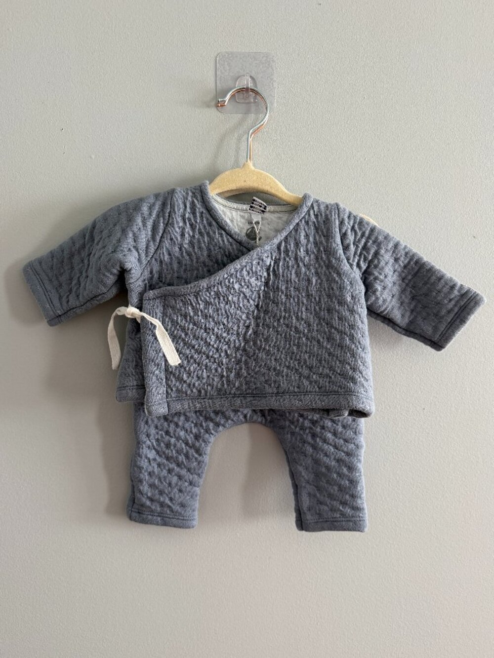Petit Bateau Blue Quilted Pointelle Wrapover Cardigan and Pants Set 3M